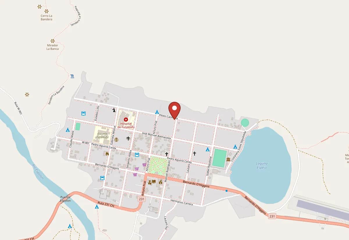 Mapa de Futaleufú con la ubicación de la tienda Futarte, en Manuel Rodríguez 10